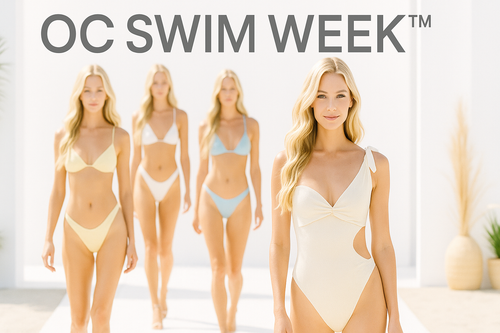 Bright fashion runway photograph showing blonde models in luxury swimwear on a white catwalk with "OC SWIM WEEK™" text prominently displayed at the top, including the trademark symbol.