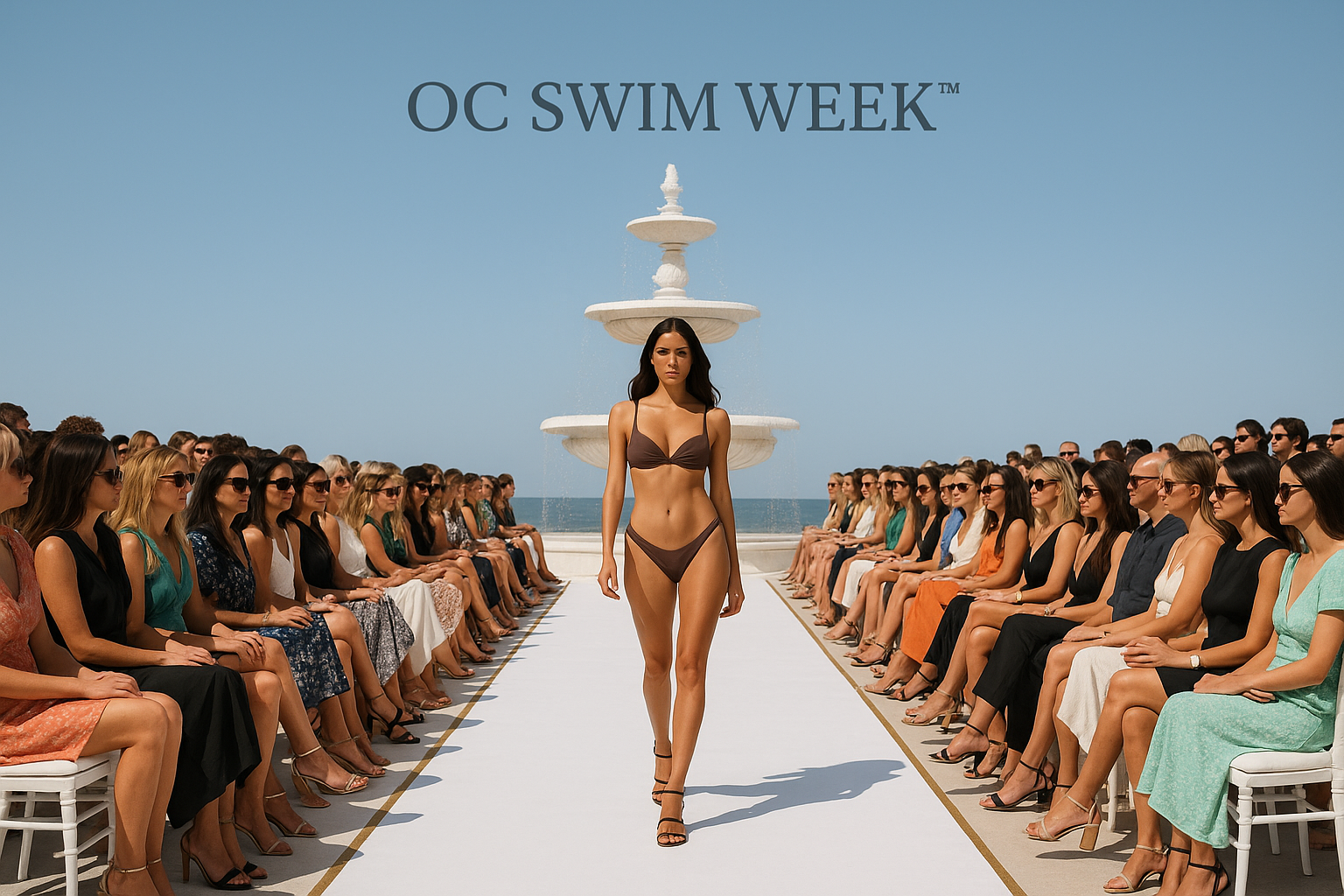 OC Swim Week™ runway show in completely open-air venue with ornate fountain backdrop
