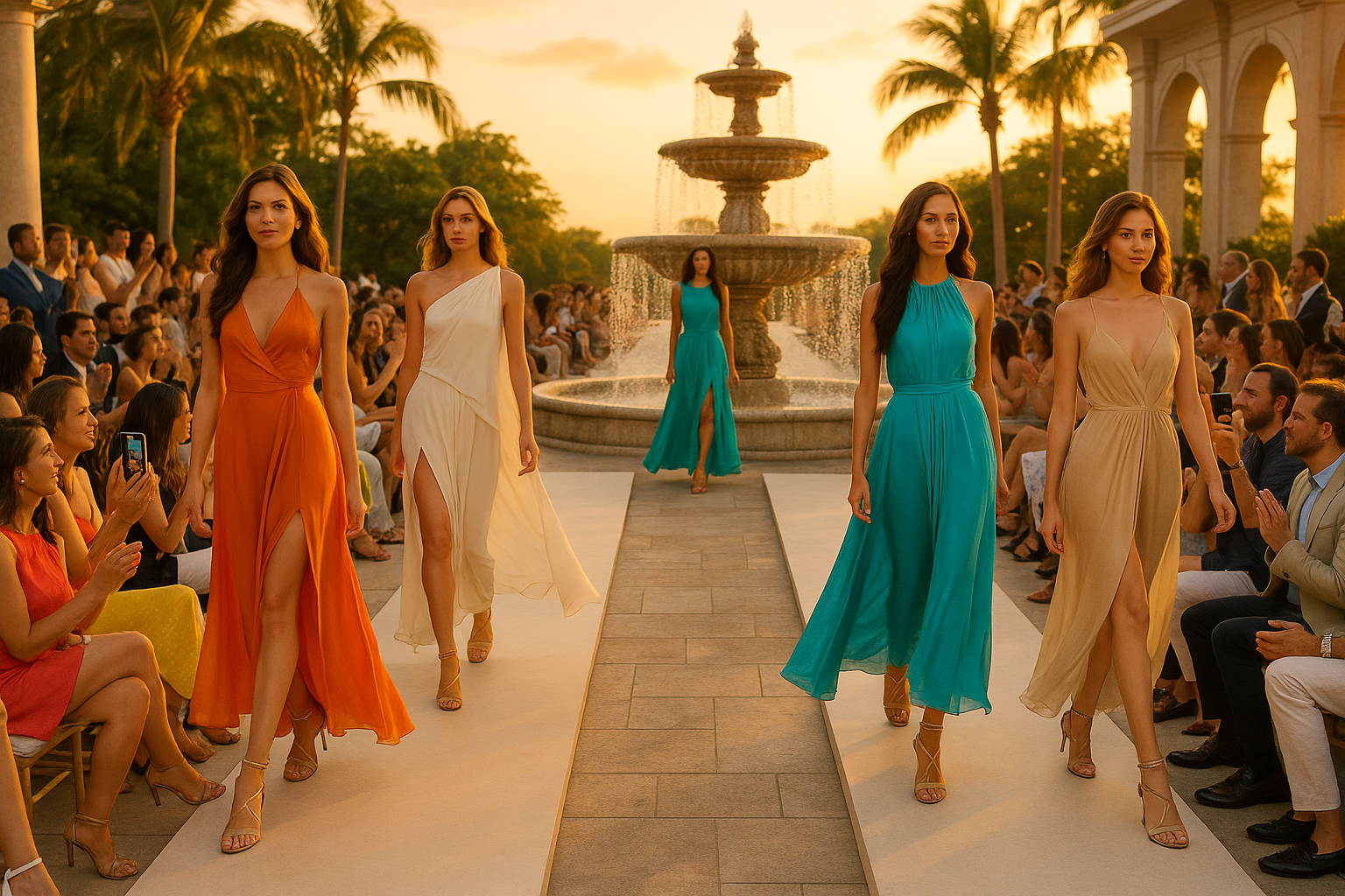 Vibrant fashion show with enthusiastic crowd and beautiful models in resort wear